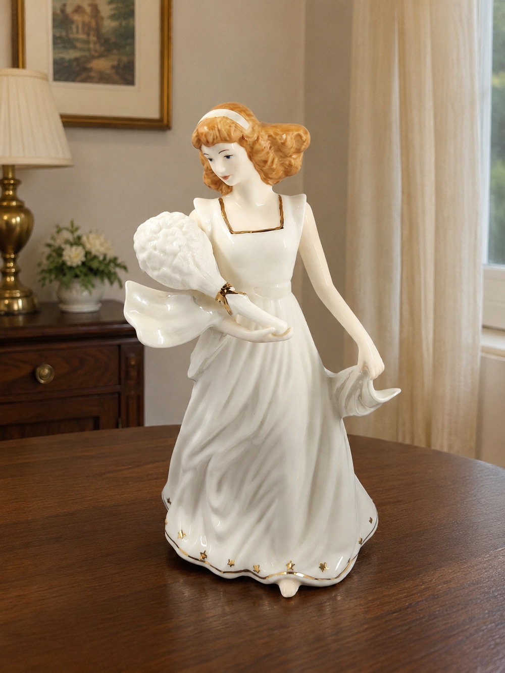 Porcelain Lady Figurine 10” Ivory Dress Bouquet Gold Accents Made in China
